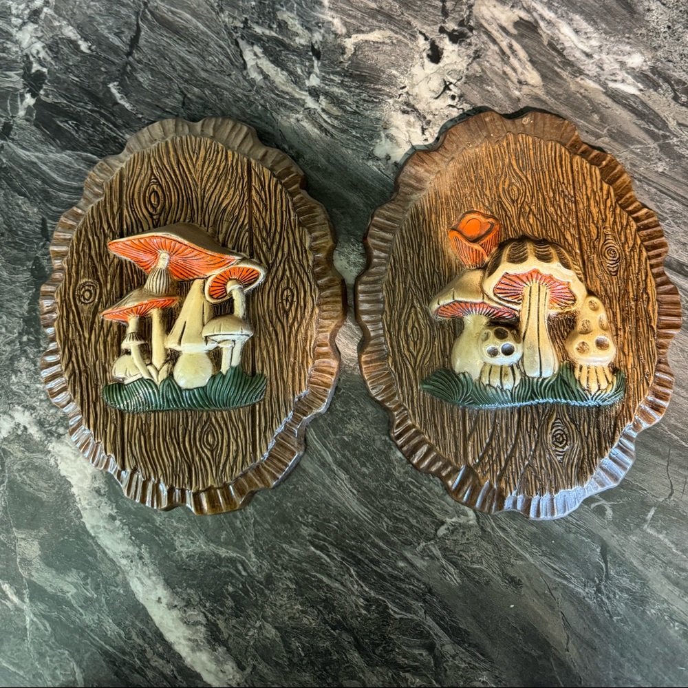 Set of TWO Vintage Mushroom Plaques 🍄